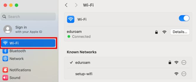 macOS systems settings cog with highlighted option to select Wifi